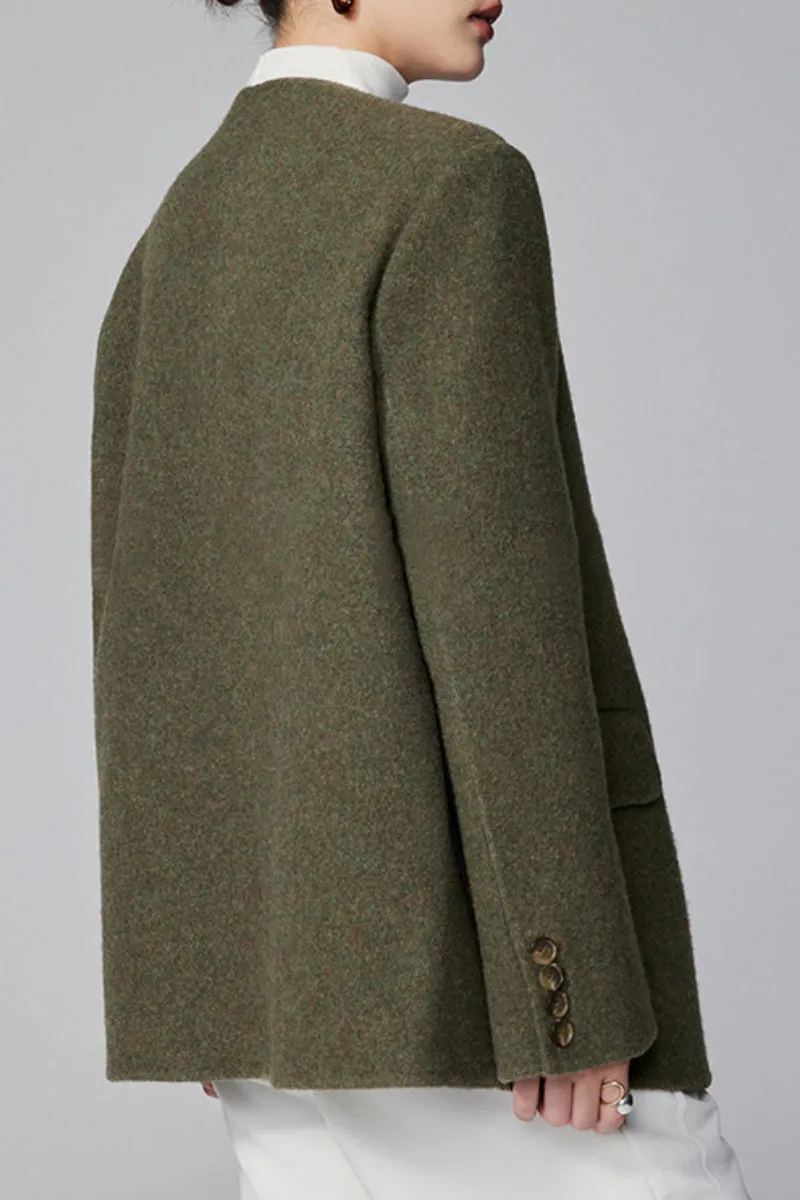 Double-Faced Silk-Camel Hair-Wool Blend V-Neck Collarless Blazer