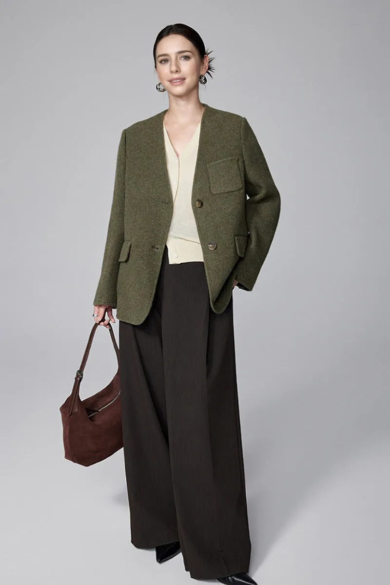 Double-Faced Silk-Camel Hair-Wool Blend V-Neck Collarless Blazer