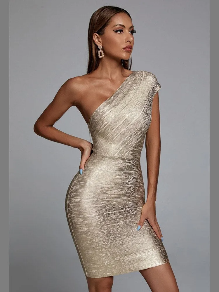 Elegant Metallic One Shoulder Mini Dress