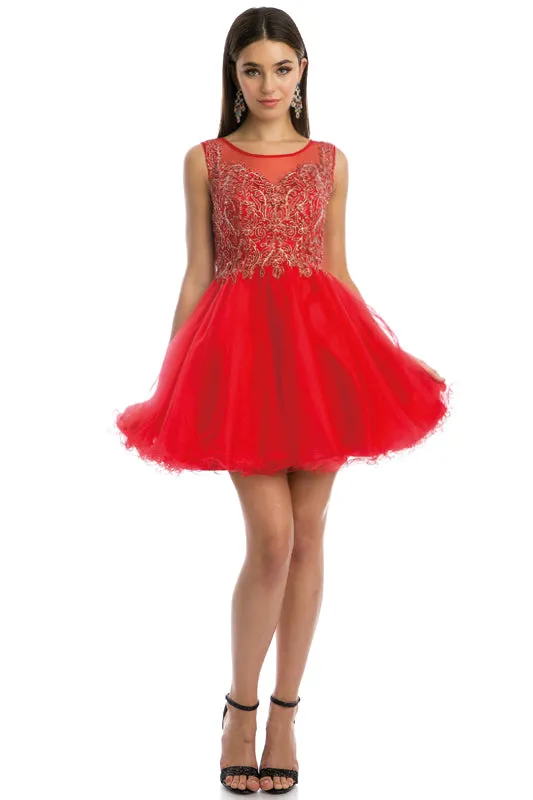 Embroidered Bodice Tulle Skirt Dress, Short. For Cocktail & Homecoming