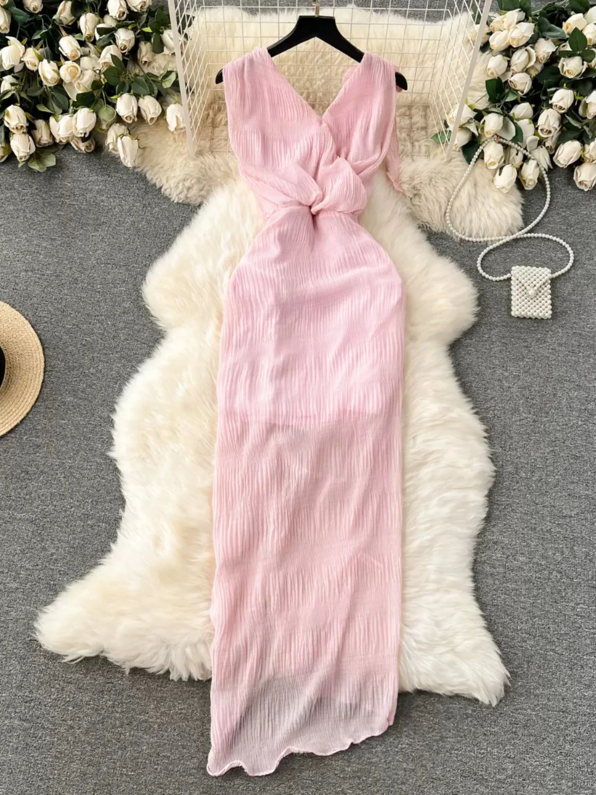 Ethereal Blush Pleated Ruffle Dress
