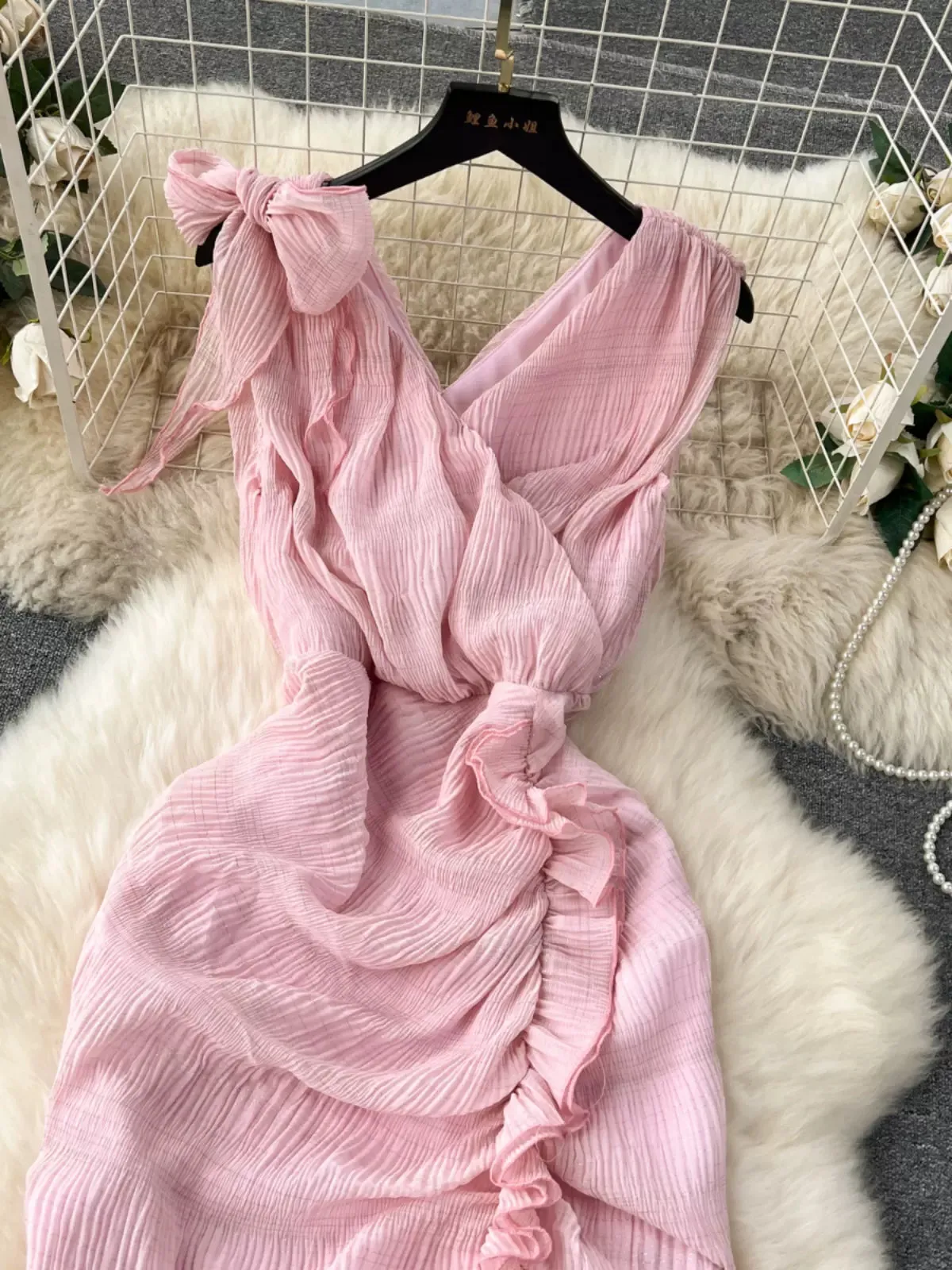 Ethereal Blush Pleated Ruffle Dress