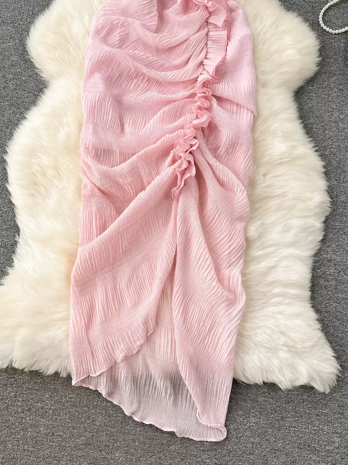 Ethereal Blush Pleated Ruffle Dress