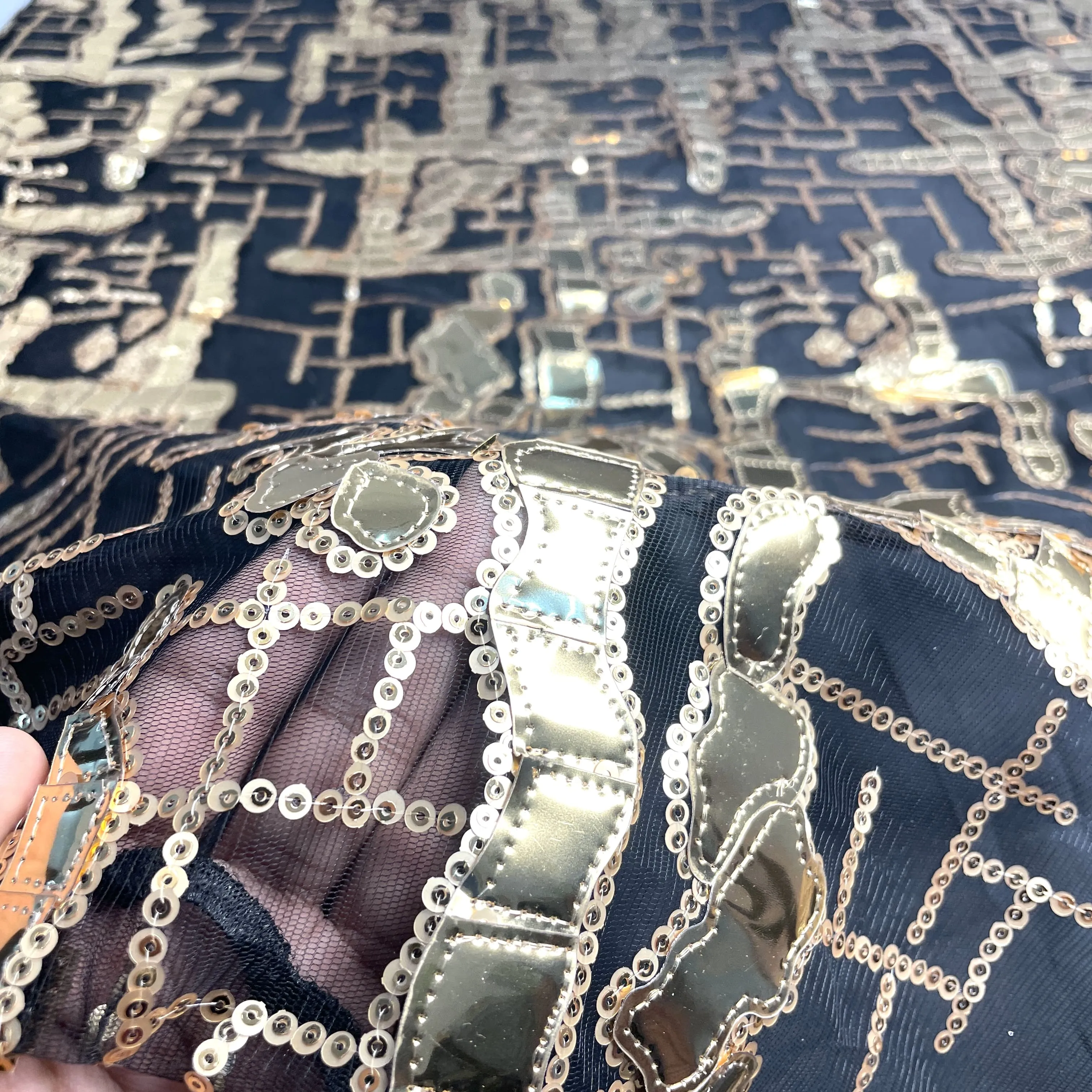 Exclusive Golden Black Sequins Metallic Net Fabric