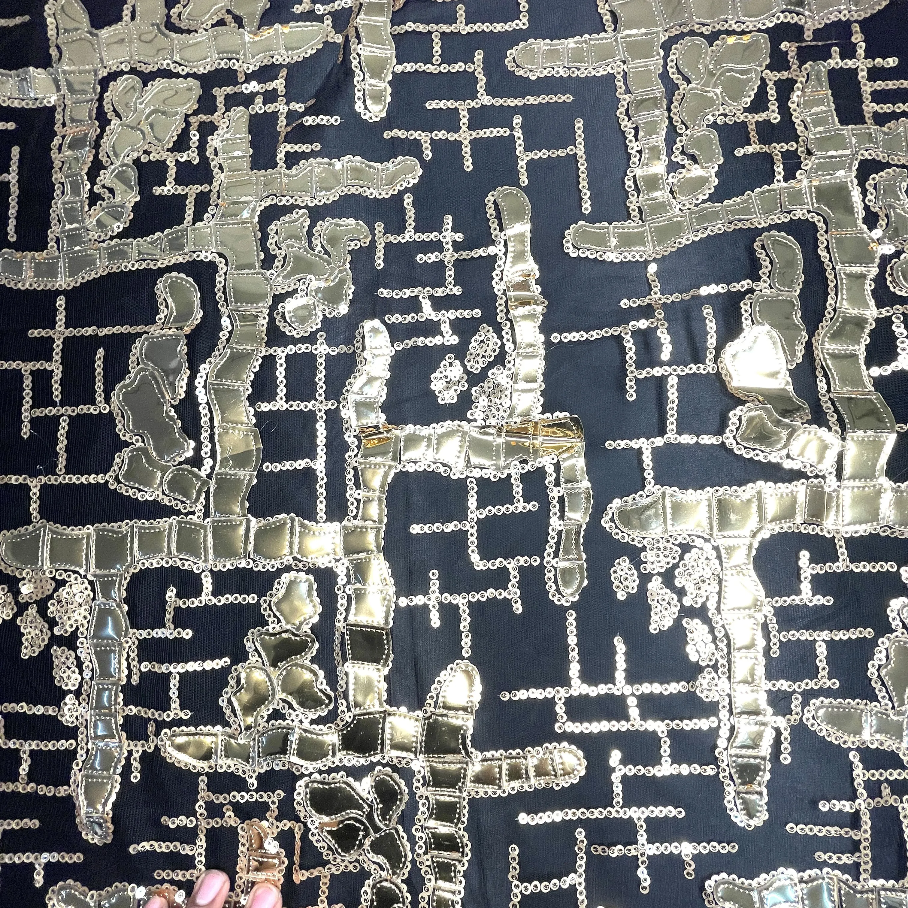 Exclusive Golden Black Sequins Metallic Net Fabric