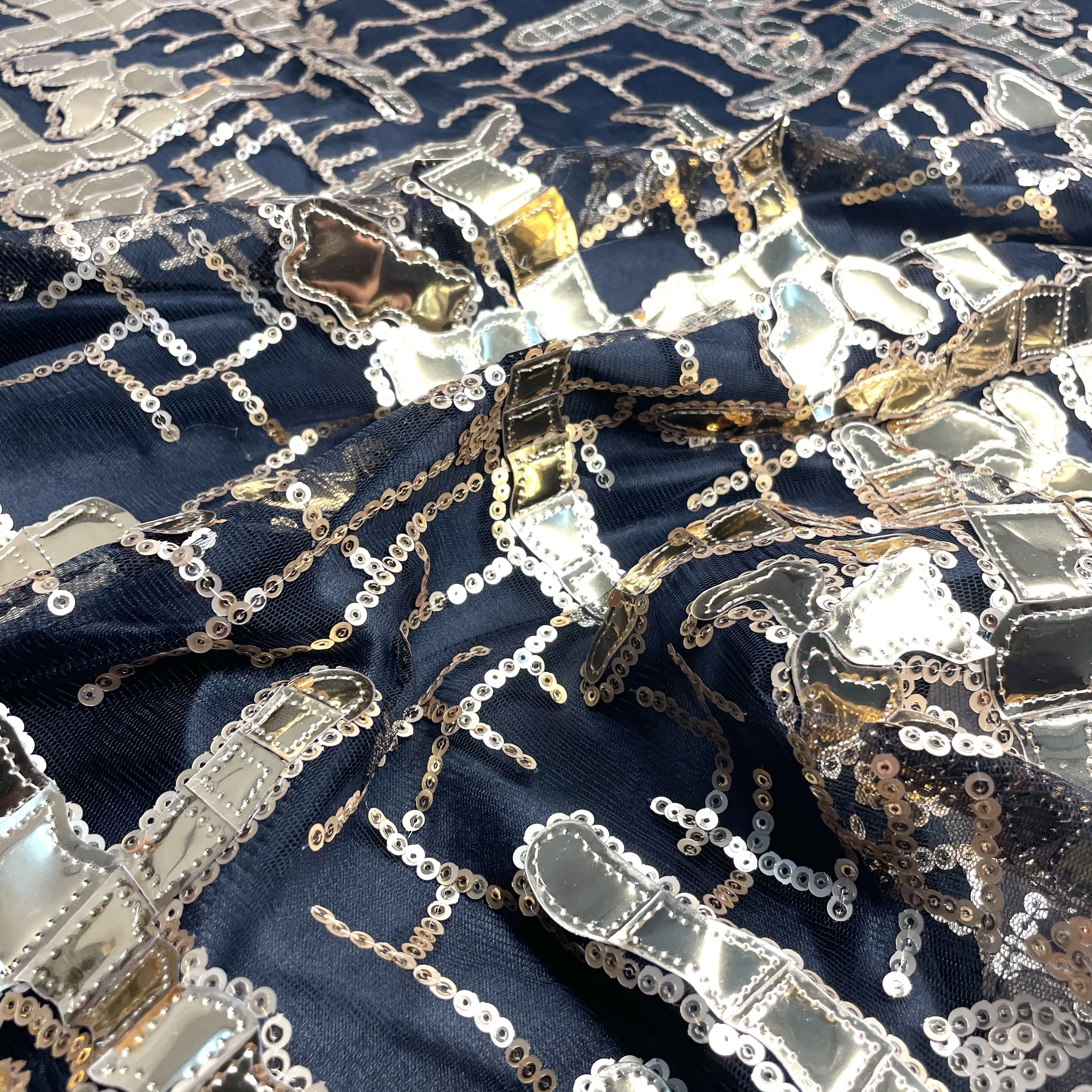 Exclusive Golden Black Sequins Metallic Net Fabric