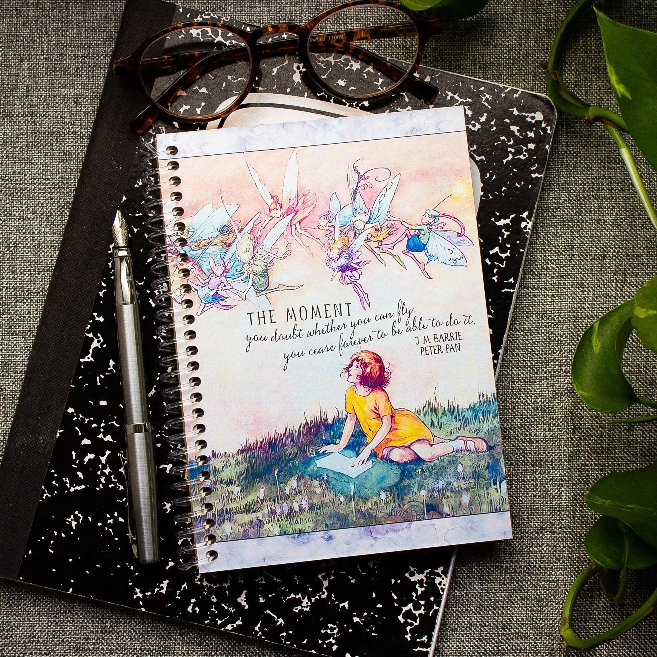 Fanciful Fairies & Girl Reading Spiral Note Book - Peter Pan Quote Journal
