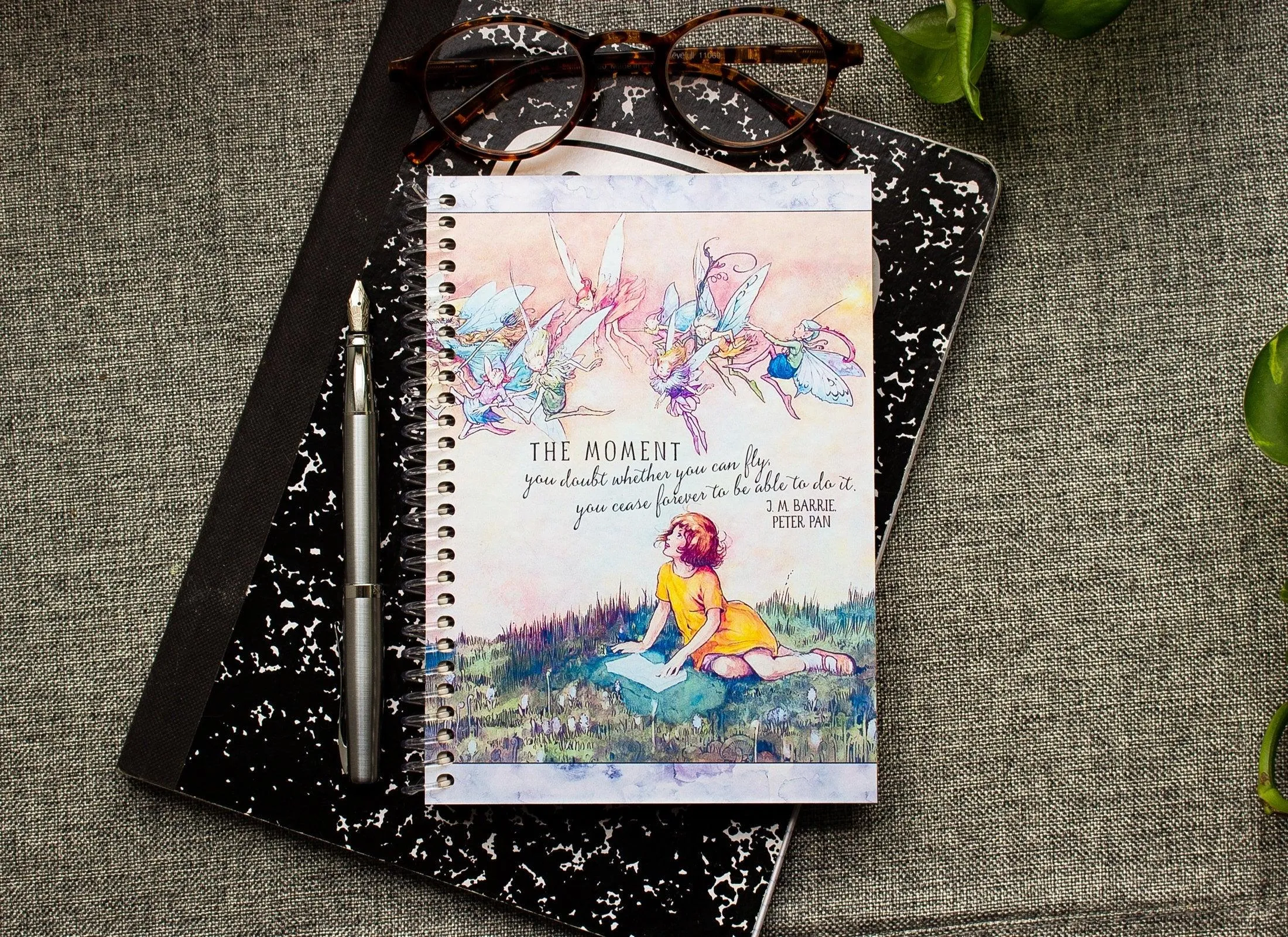 Fanciful Fairies & Girl Reading Spiral Note Book - Peter Pan Quote Journal