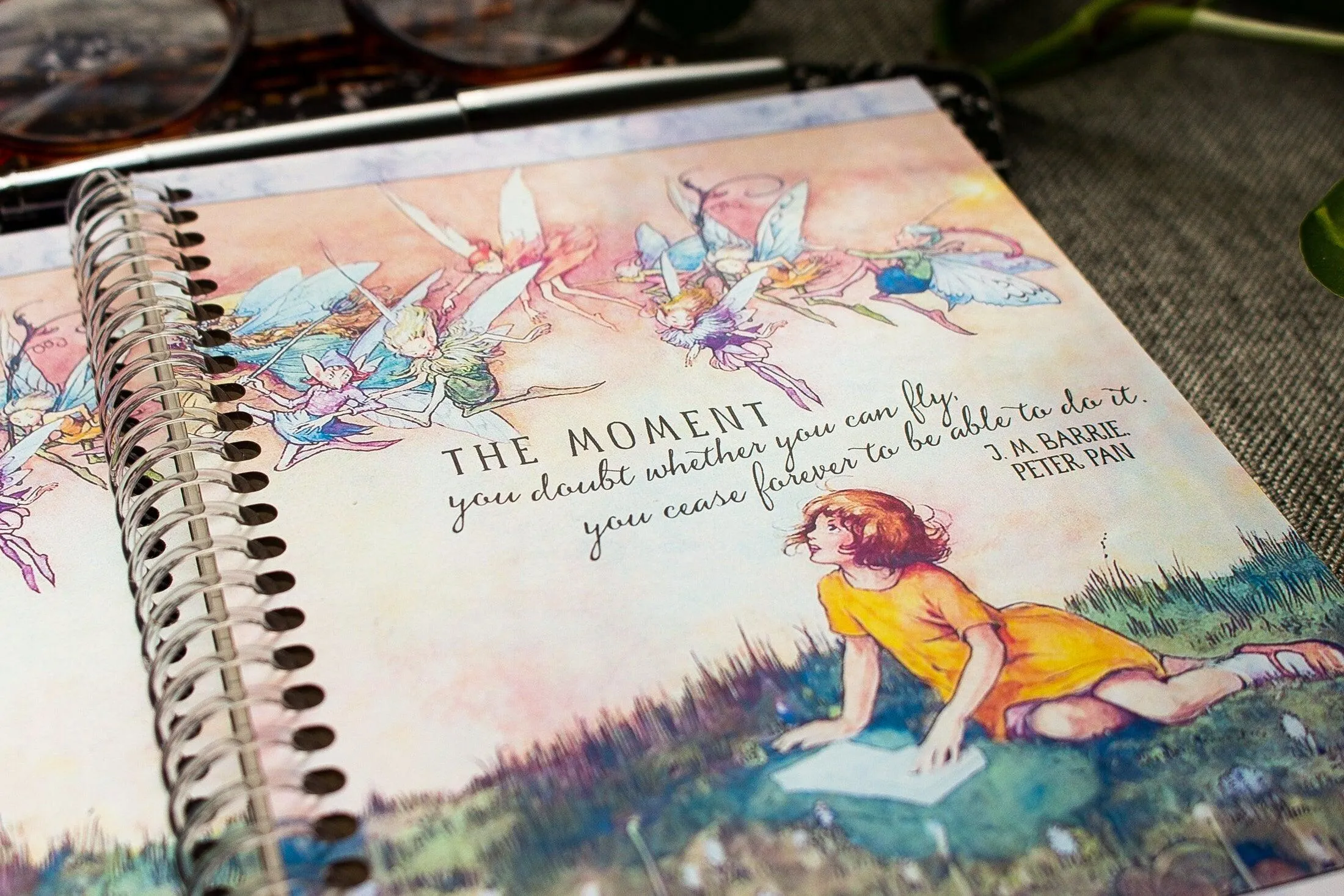 Fanciful Fairies & Girl Reading Spiral Note Book - Peter Pan Quote Journal