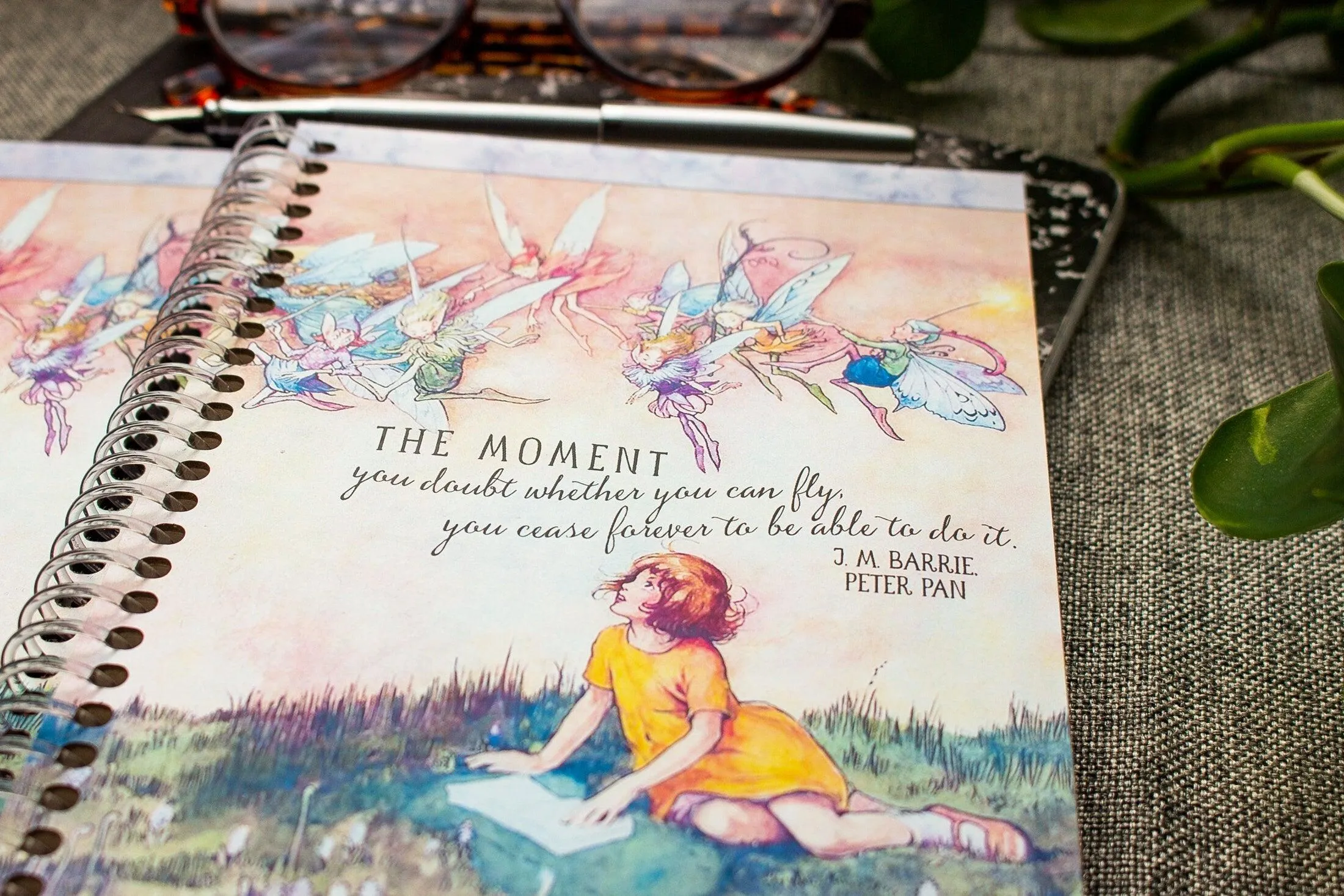 Fanciful Fairies & Girl Reading Spiral Note Book - Peter Pan Quote Journal