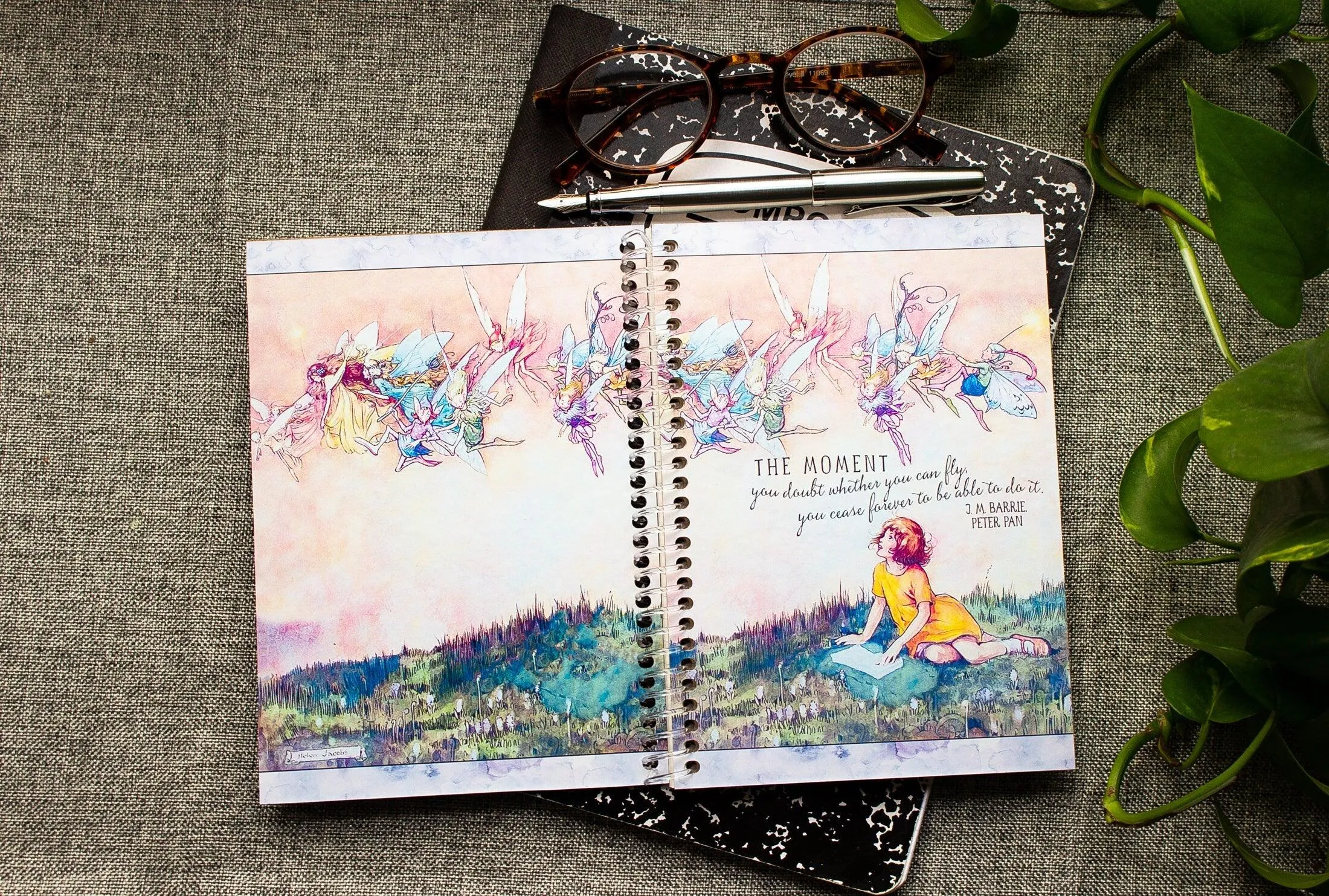 Fanciful Fairies & Girl Reading Spiral Note Book - Peter Pan Quote Journal