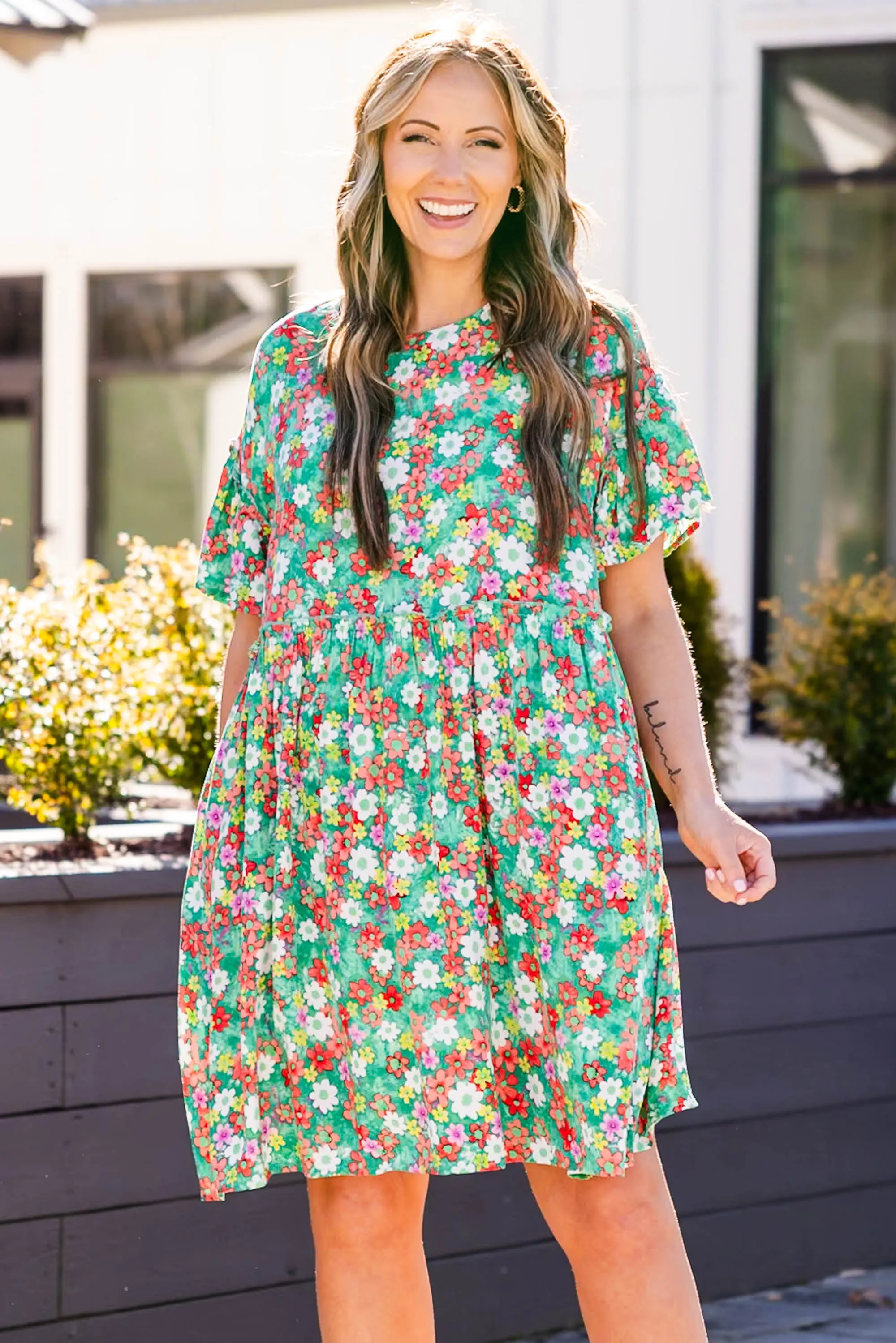 Fire Flower Babydoll Dress, Green