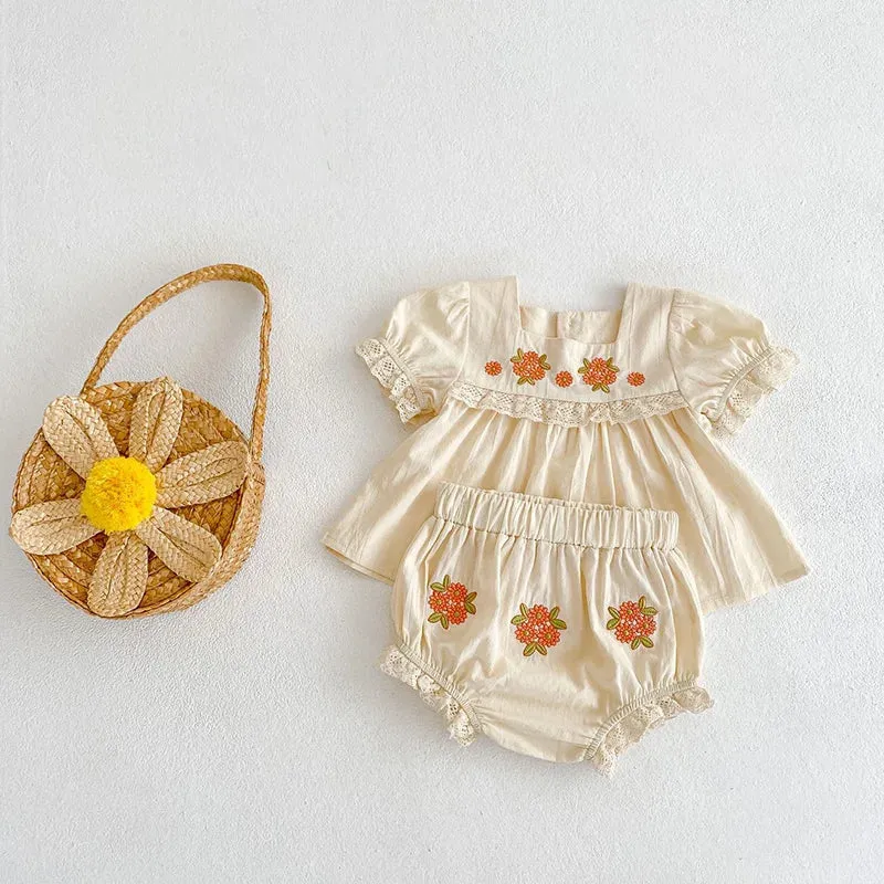 Floral Embroidery Baby Peter Pan Tee & Short Set