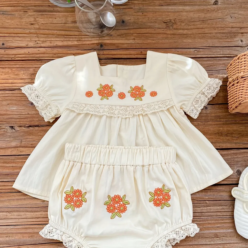 Floral Embroidery Baby Peter Pan Tee & Short Set