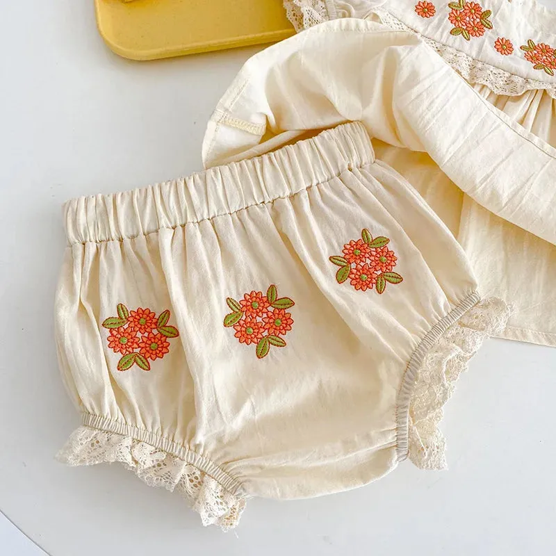 Floral Embroidery Baby Peter Pan Tee & Short Set