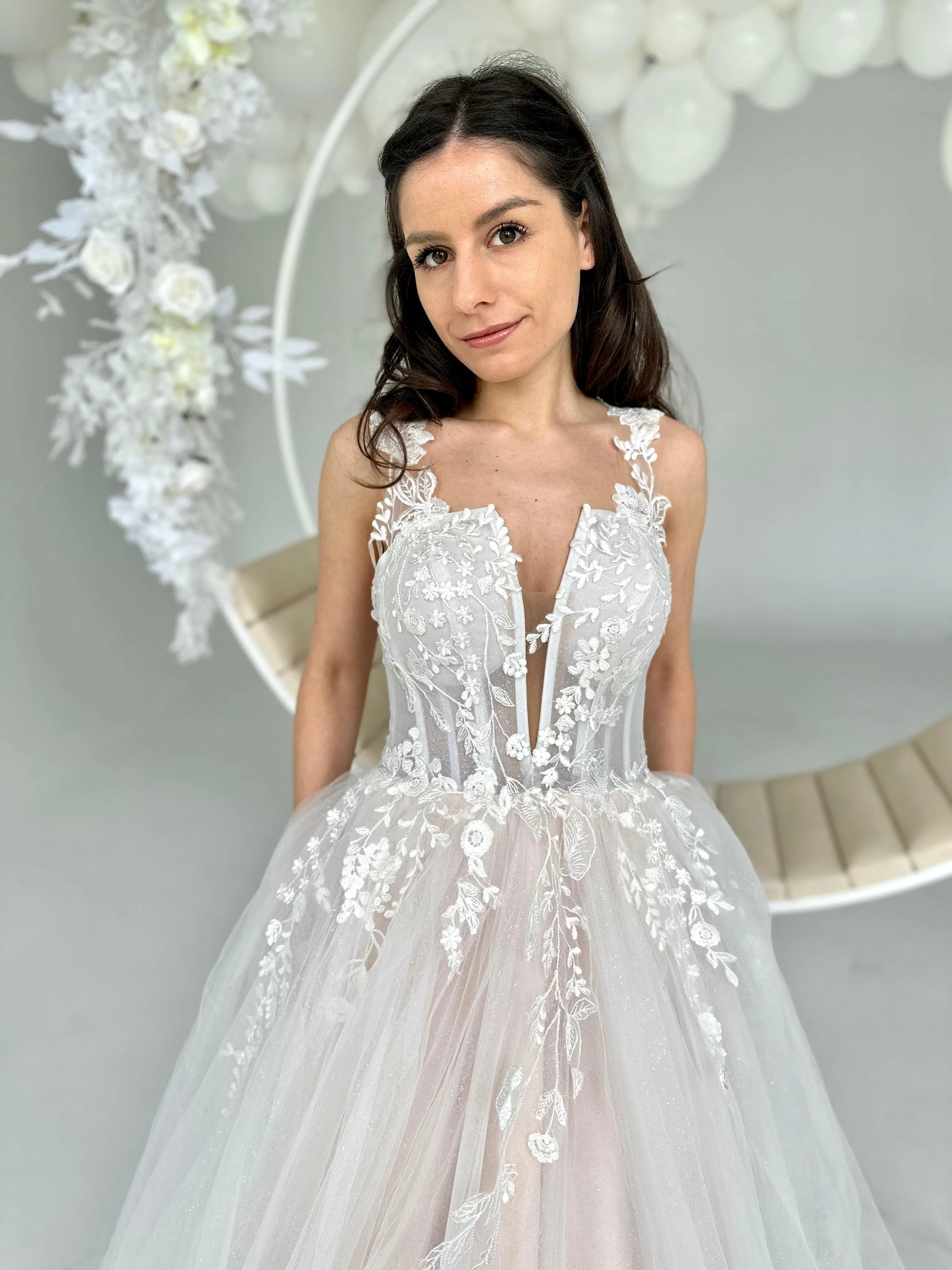 Floral Tulle Wedding Dress - In Stock