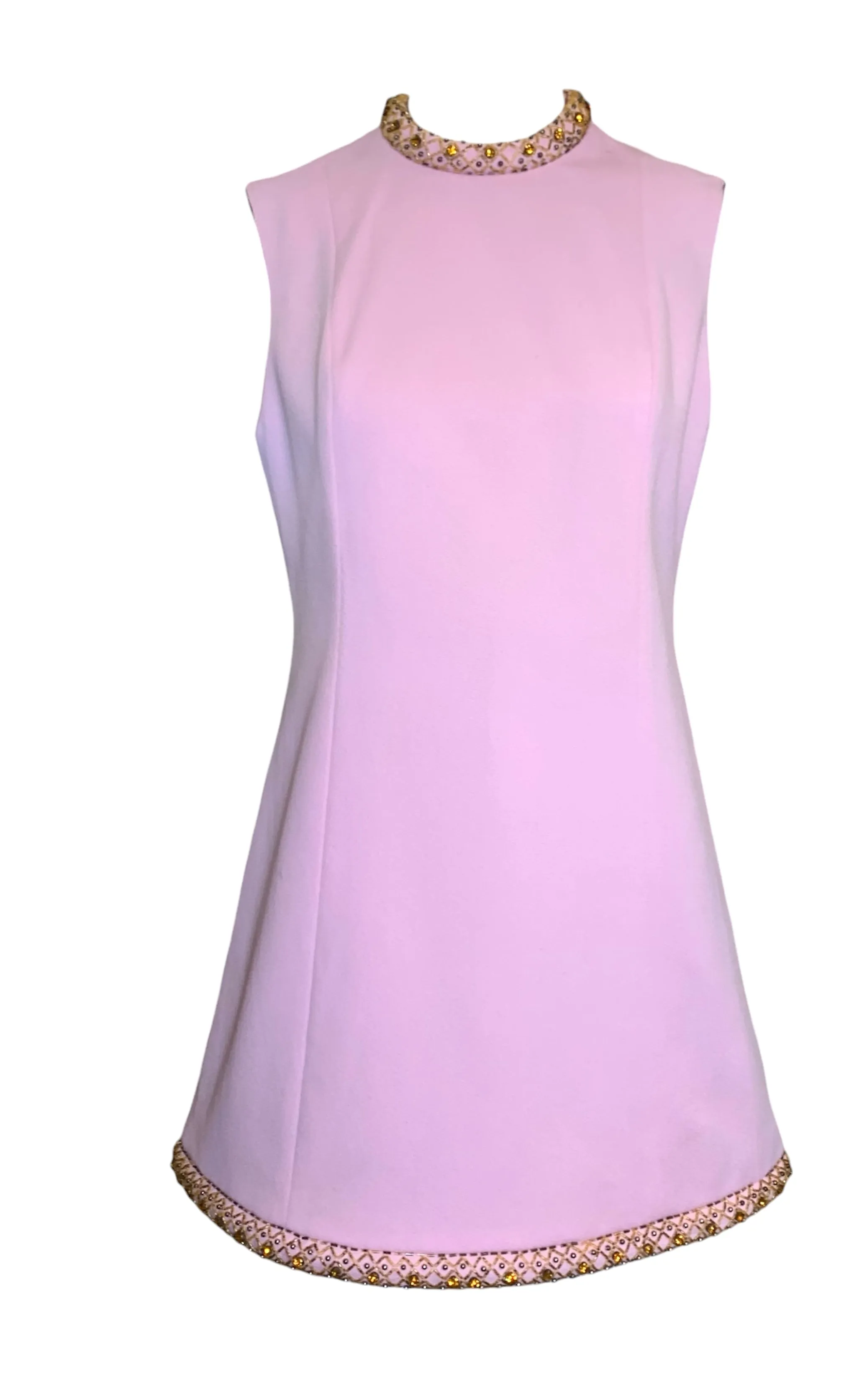 Fred Rothschild 60s Bubblegum Pink Shift Dress with Amber Embellished Collar & Hem