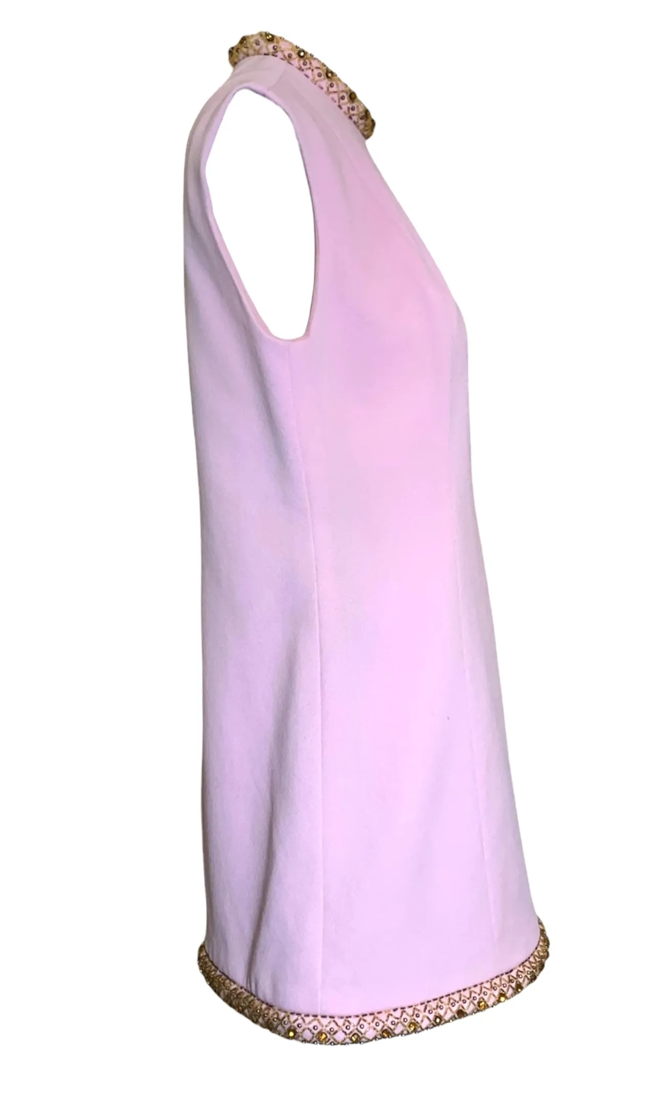 Fred Rothschild 60s Bubblegum Pink Shift Dress with Amber Embellished Collar & Hem