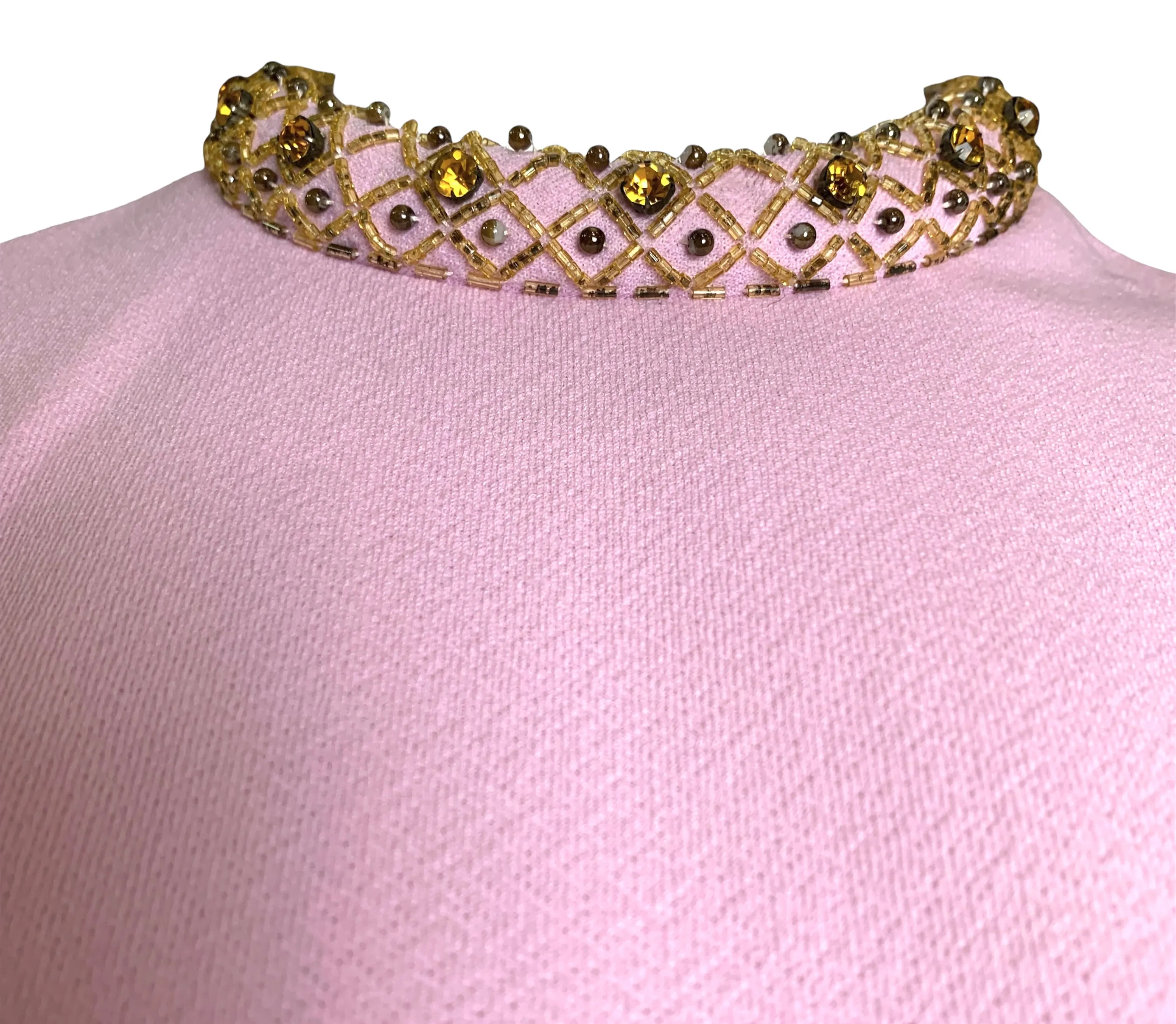 Fred Rothschild 60s Bubblegum Pink Shift Dress with Amber Embellished Collar & Hem
