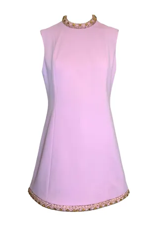 Fred Rothschild 60s Bubblegum Pink Shift Dress with Amber Embellished Collar & Hem