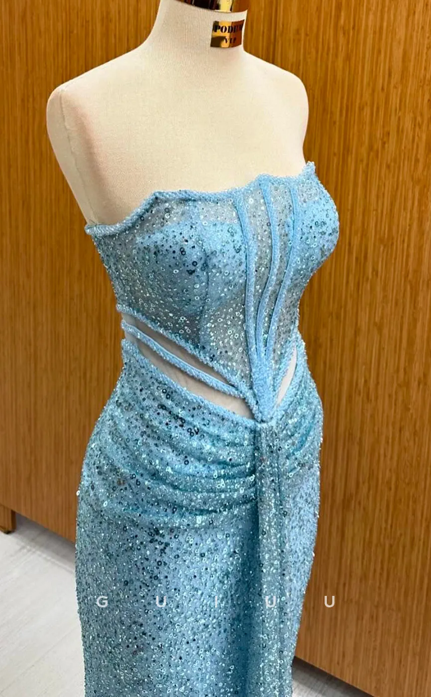 G4255 - Sheath Strapless Sleeveless Pleated Fully Sequined Long Prom Evening Gown