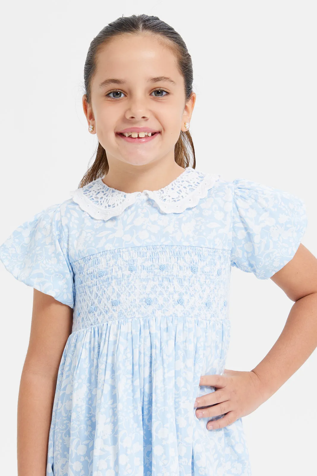 Girls Blue Lace Peter Pan Collar With Puff Sleeves Dress