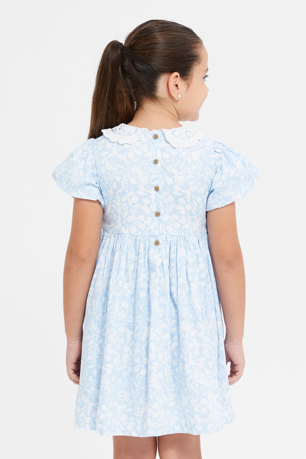 Girls Blue Lace Peter Pan Collar With Puff Sleeves Dress