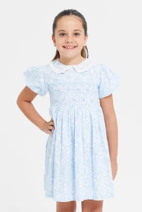 Girls Blue Lace Peter Pan Collar With Puff Sleeves Dress