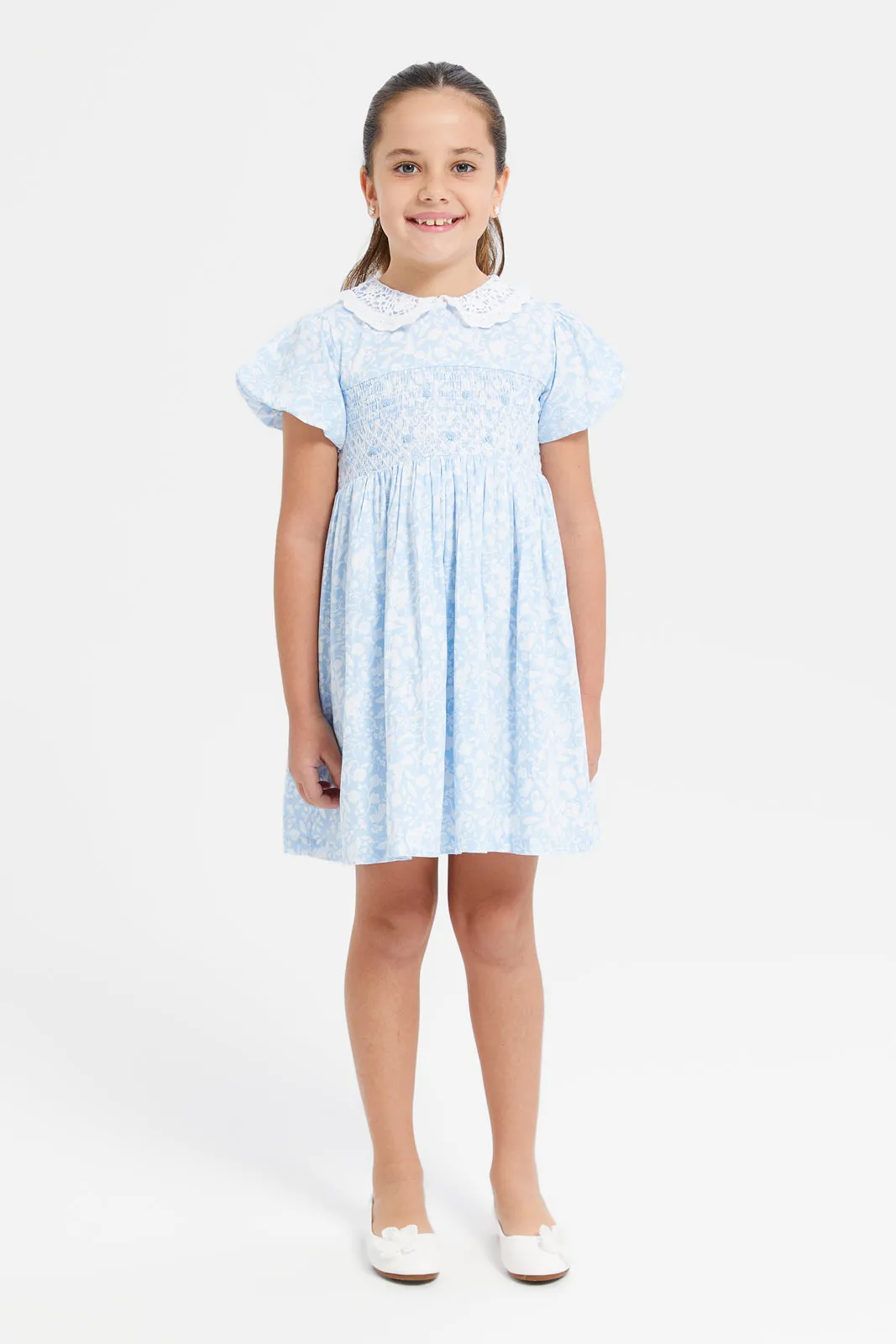 Girls Blue Lace Peter Pan Collar With Puff Sleeves Dress