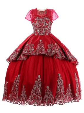 Girls Burgundy Metallic Coiled Embroidered Stone Junior Bridesmaid Dress 8-16