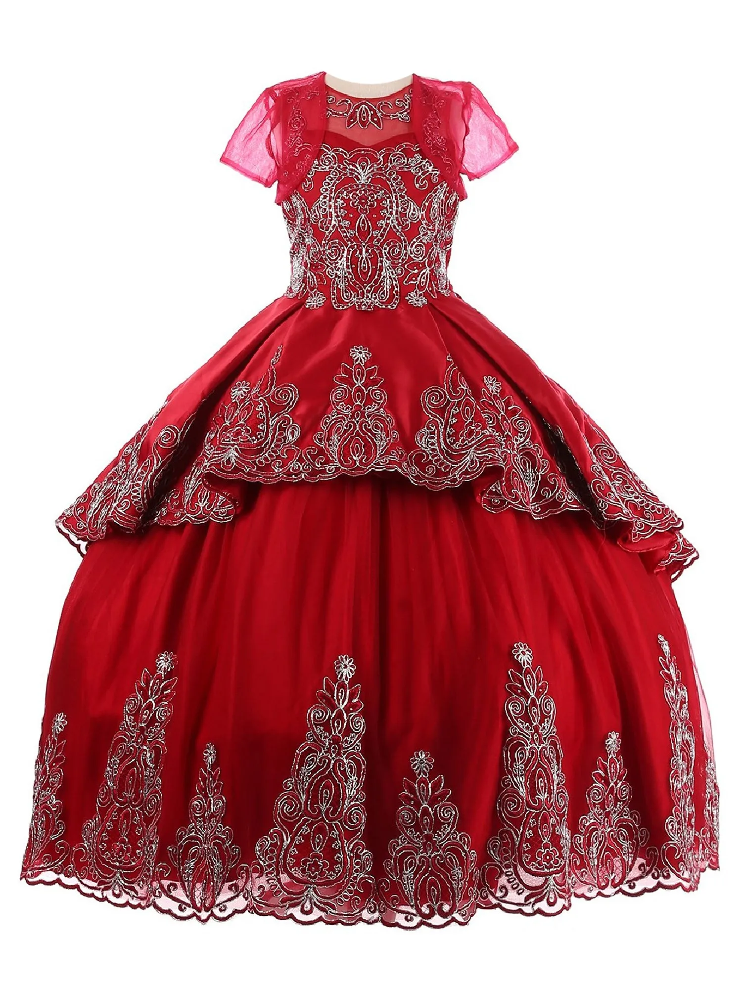 Girls Burgundy Metallic Coiled Embroidered Stone Junior Bridesmaid Dress 8-16