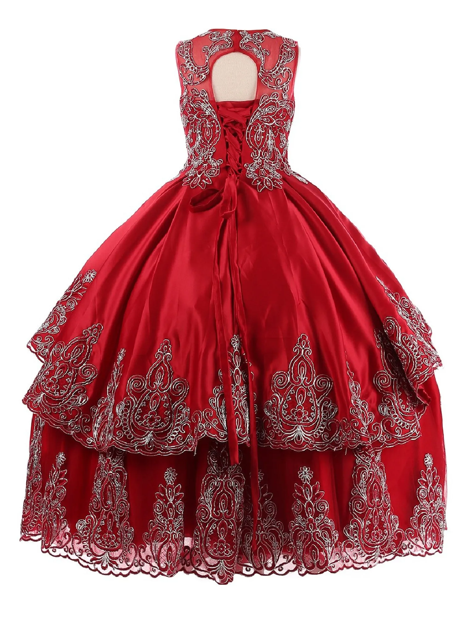 Girls Burgundy Metallic Coiled Embroidered Stone Junior Bridesmaid Dress 8-16