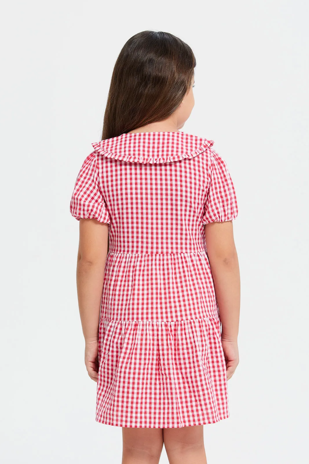 Girls Red Check Peter Pan Collar Dress