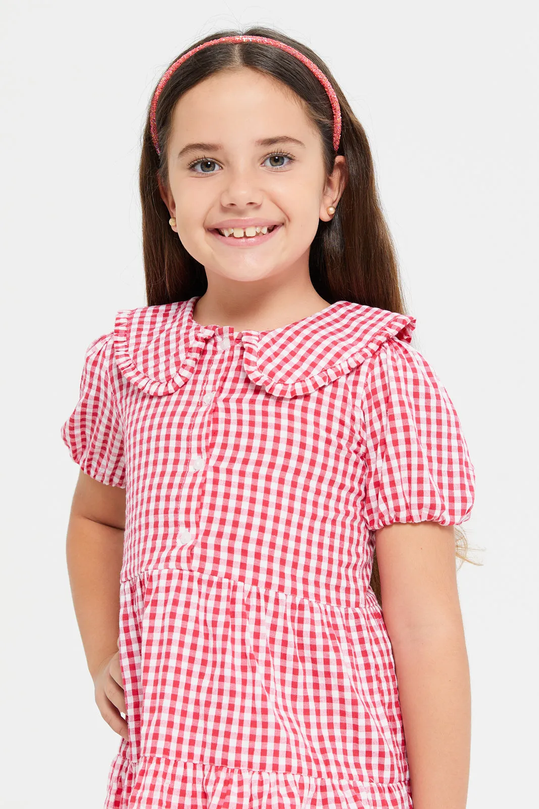 Girls Red Check Peter Pan Collar Dress