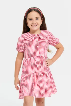 Girls Red Check Peter Pan Collar Dress
