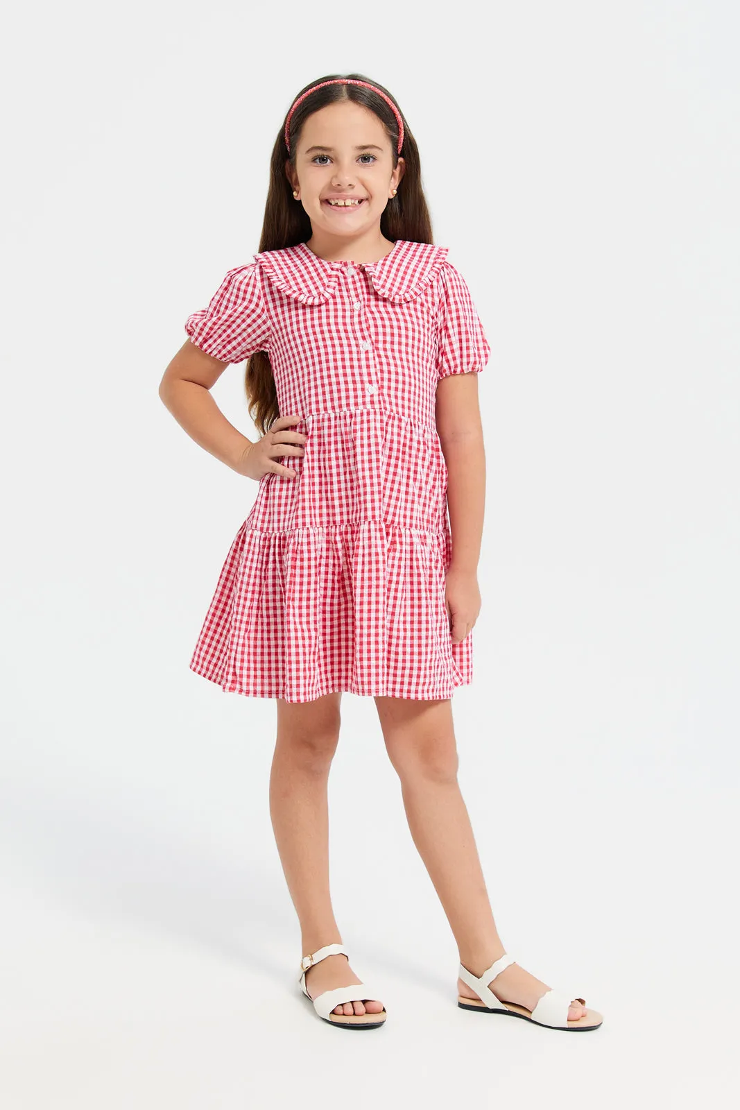 Girls Red Check Peter Pan Collar Dress