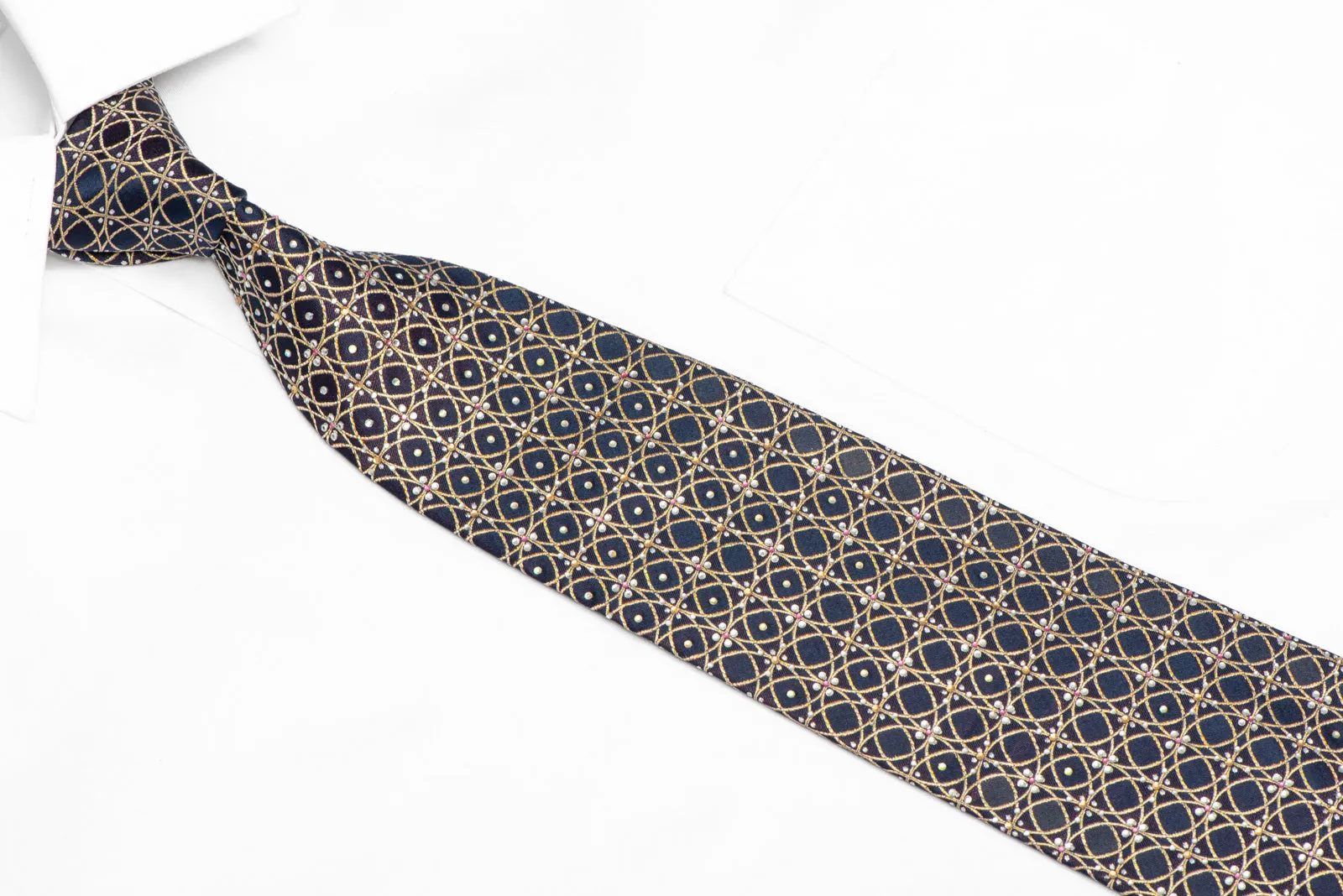 Gold Interlocking Circles On Navy Blue Rhinestone Silk Necktie With Sparkles