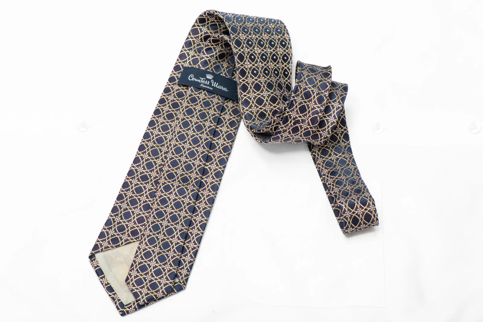 Gold Interlocking Circles On Navy Blue Rhinestone Silk Necktie With Sparkles