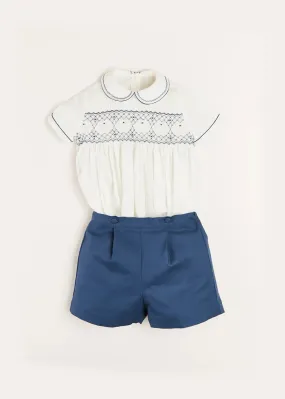 Hand Smocked Short Sleeve Two Piece Set in Royal Blue (18mths-5yrs)