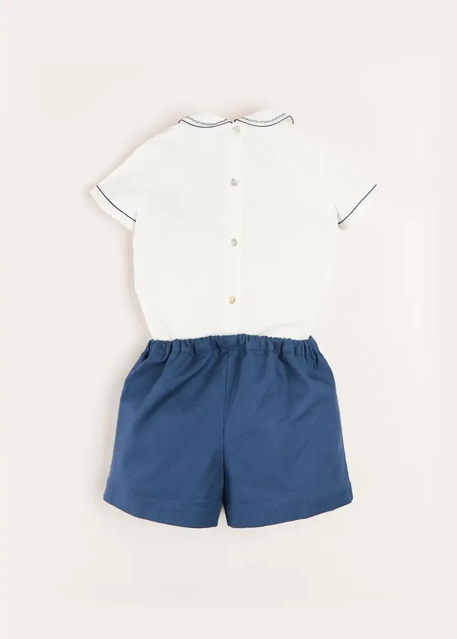 Hand Smocked Short Sleeve Two Piece Set in Royal Blue (18mths-5yrs)
