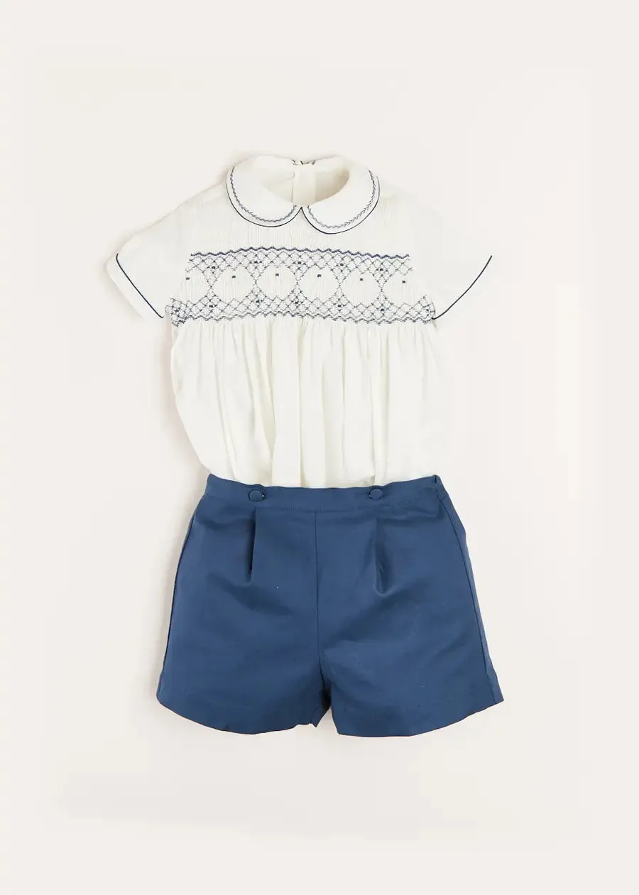 Hand Smocked Short Sleeve Two Piece Set in Royal Blue (18mths-5yrs)