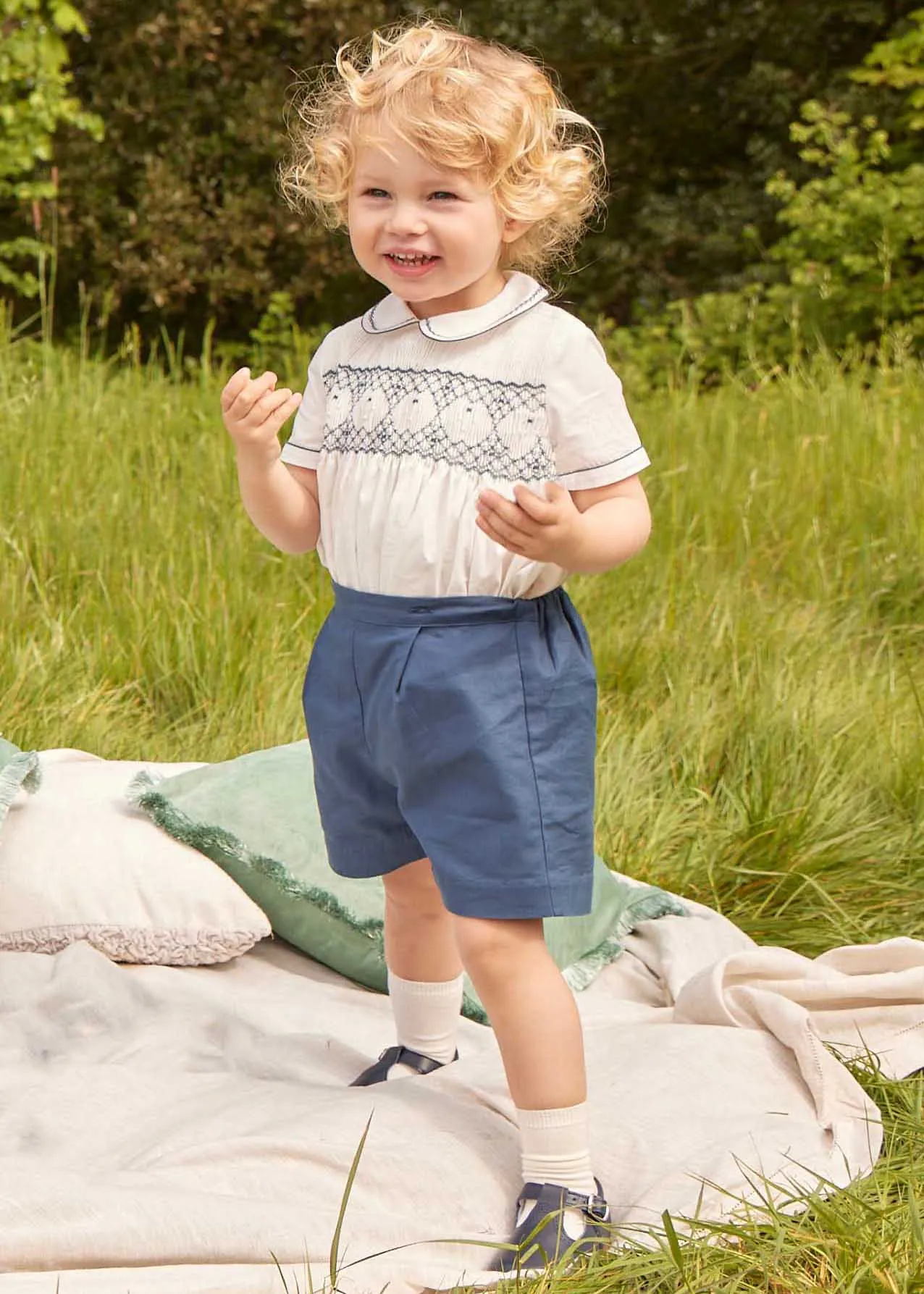 Hand Smocked Short Sleeve Two Piece Set in Royal Blue (18mths-5yrs)
