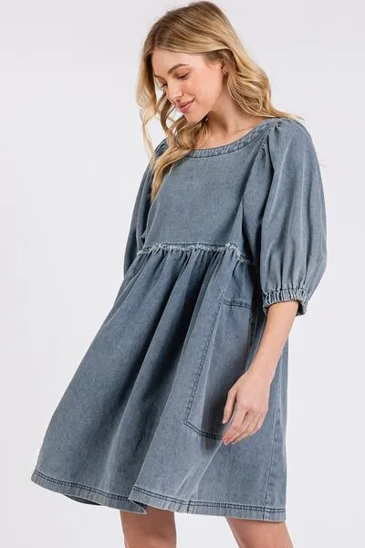 Hazel Blues® |  Mittoshop Washed Round Neck Puff Sleeve Denim Dress