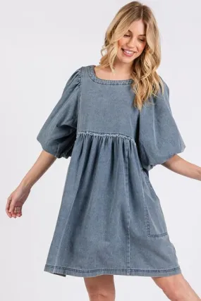 Hazel Blues® |  Mittoshop Washed Round Neck Puff Sleeve Denim Dress