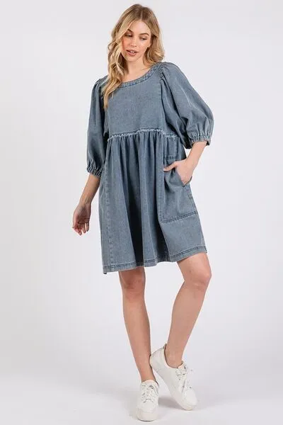Hazel Blues® |  Mittoshop Washed Round Neck Puff Sleeve Denim Dress