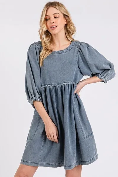 Hazel Blues® |  Mittoshop Washed Round Neck Puff Sleeve Denim Dress