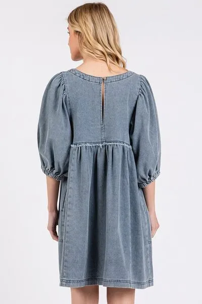 Hazel Blues® |  Mittoshop Washed Round Neck Puff Sleeve Denim Dress