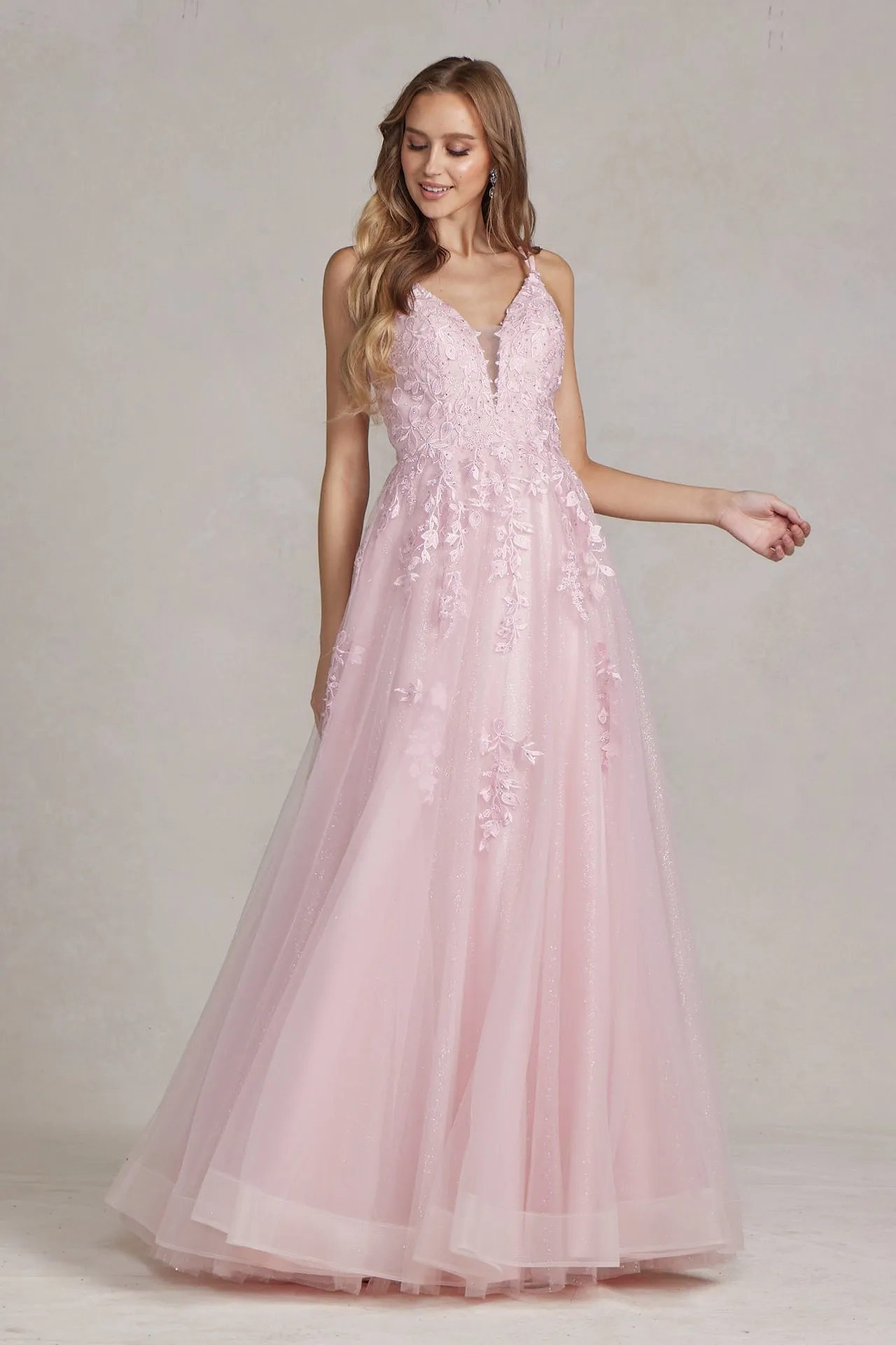 Illusion V-Neck Embroidered Lace Straps Open Back Long Dress