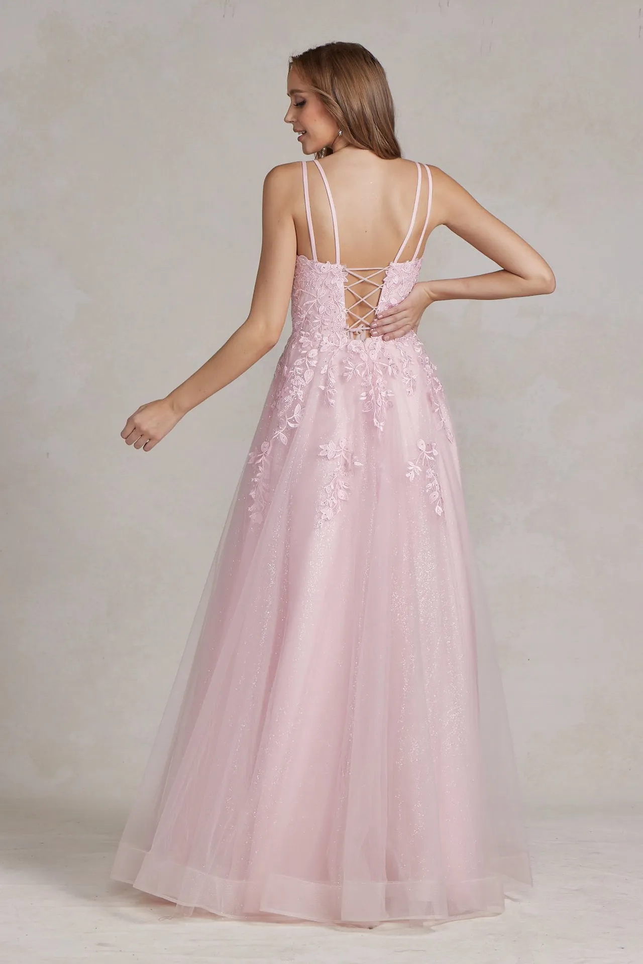 Illusion V-Neck Embroidered Lace Straps Open Back Long Dress
