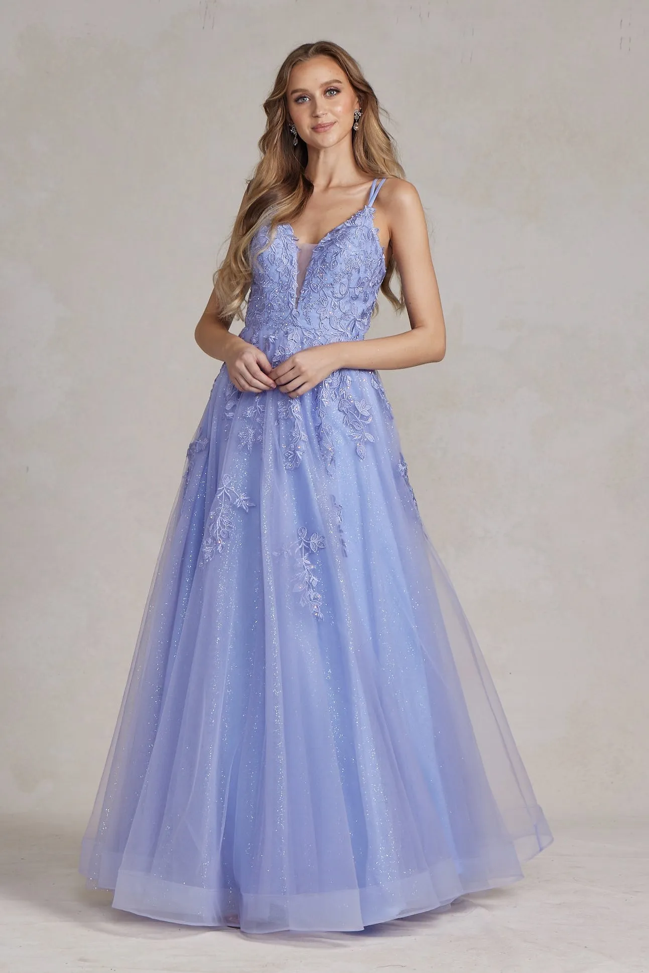 Illusion V-Neck Embroidered Lace Straps Open Back Long Dress